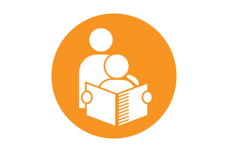 Orange icon of two people reading a book.