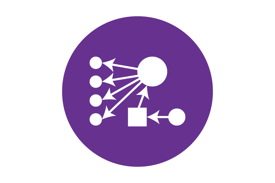 Icon of connecting shapes and arrows on a purple background.